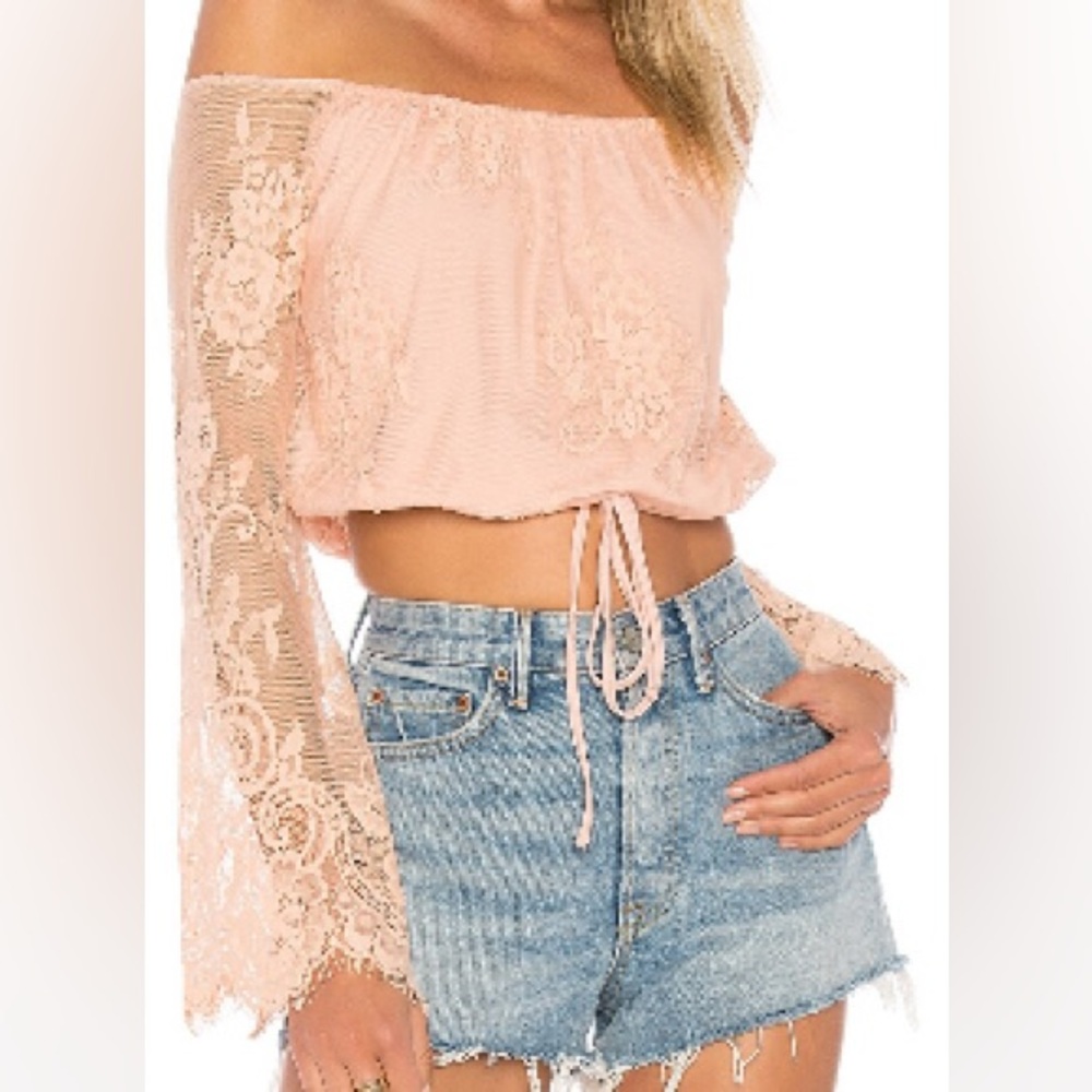Lovers + Friends peach off the shoulder lace crop top size medium